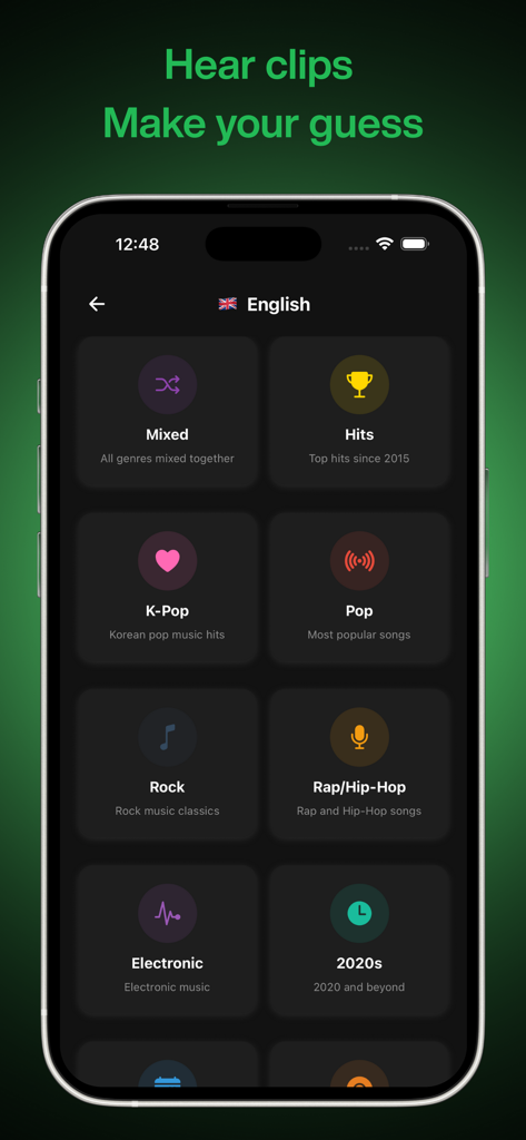 Guessong: Music Guessing Game - Schermata del gioco per indovinare la musica Guessong che mostra categorie di generi come Pop Rock e K-Pop.