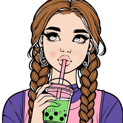 realistic girl with braided hair drinking boba