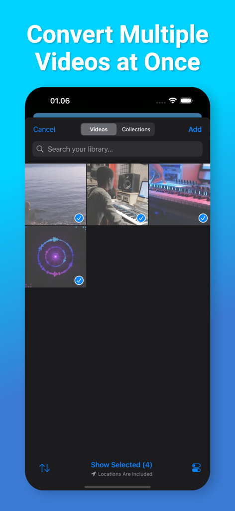 Interface of Video to Audio Converter app showing multiple videos selected for batch conversion