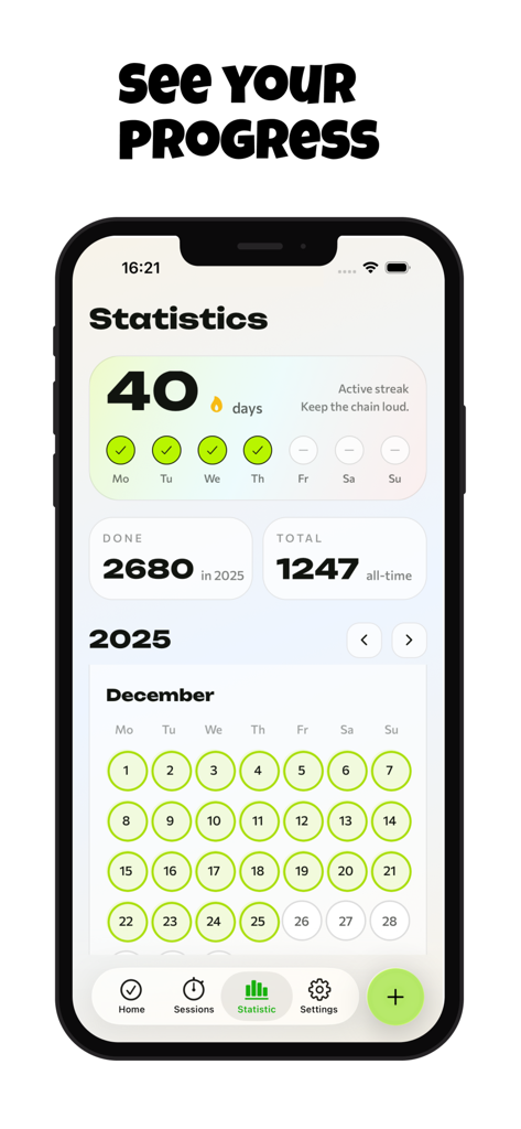 Habitz — Habit Tracker - Schermata delle statistiche dell'app Habitz habit tracker che visualizza una serie di 40 giorni e un calendario dei progressi mensili
