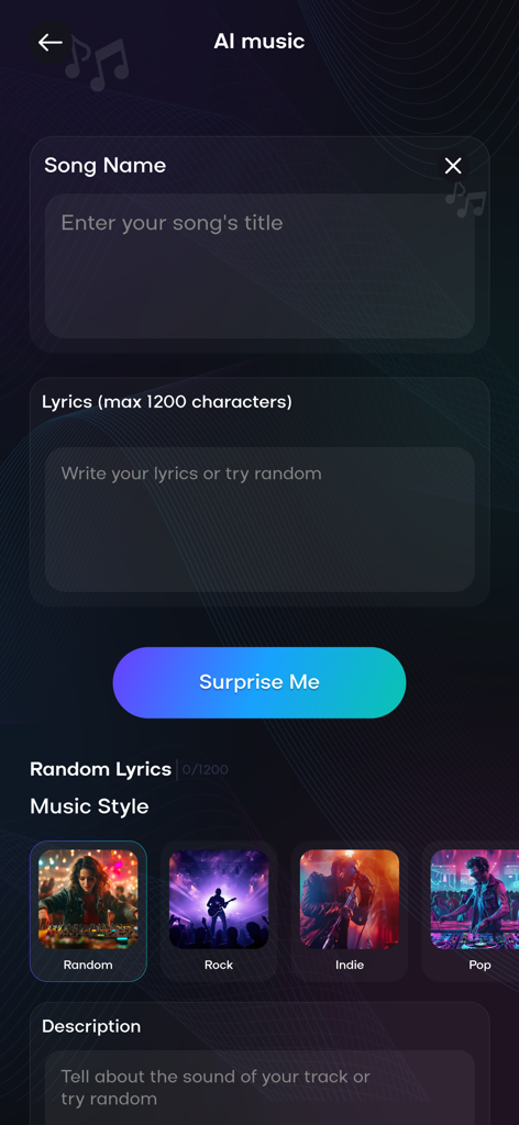 Tela do aplicativo móvel Ai Sound mostrando ferramentas de criação de música para seleção de estilo musical de letras e entrada de título