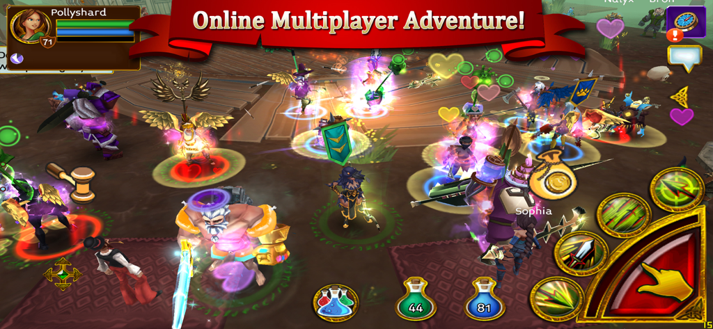 Arcane Legends MMORPG - Gameplay screenshot of Arcane Legends MMORPG showing multiple players gathered in a social hub with a banner that reads Online Multiplayer Adventure
