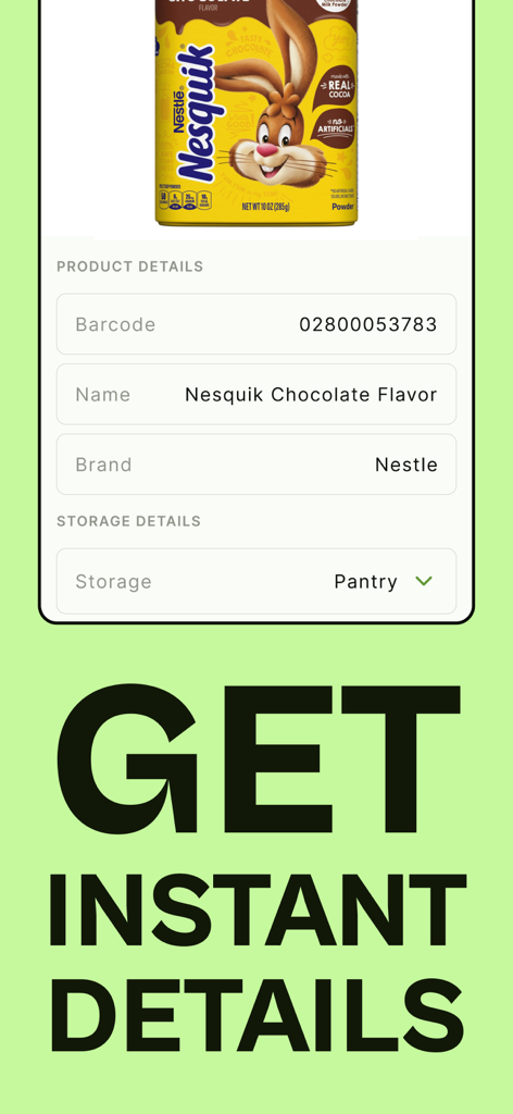 Pantry Inventory app interface showing product details and storage location.
