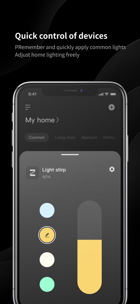 Yeelight Pro app mobile interface showing quick control settings for a smart light strip with color and brightness adjustments