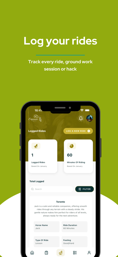 Empower Equine - Pantalla de la aplicación Empower Equine para registrar y seguir las montas del caballo, incluyendo duración y detalles del caballo.