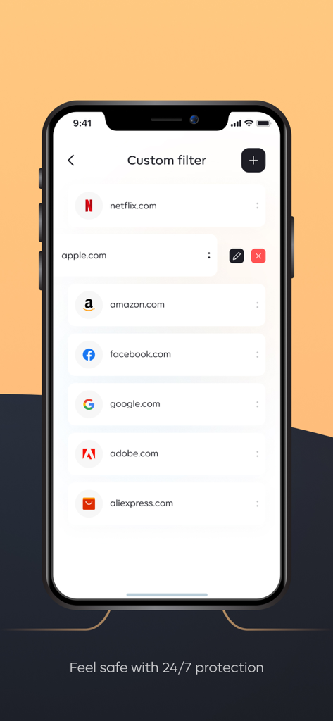 Écran de filtre personnalisé de l'application Spherios Security sur un iPhone montrant une liste de sites Web tels que Netflix et Amazon
