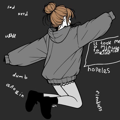 realistic girl jumping with a bun and oversized sweatshirt