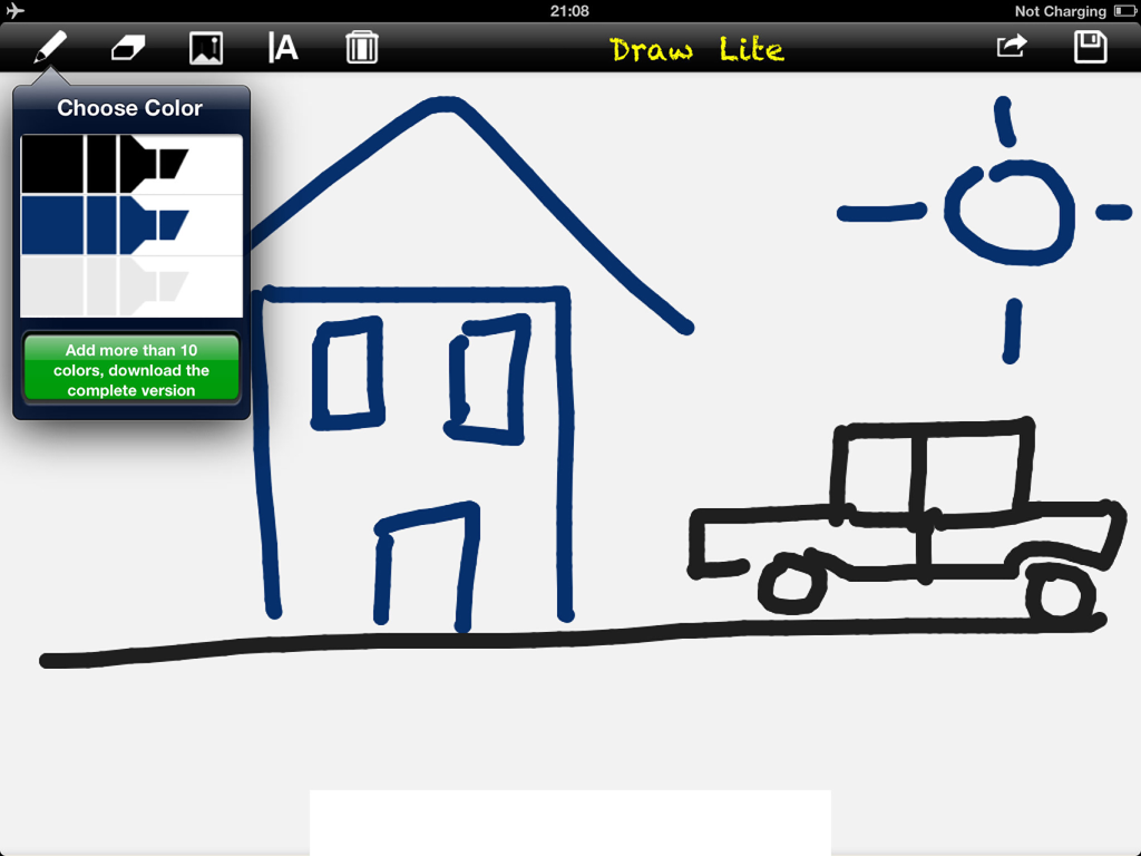 Draw for iPad Lite, Blackboard - Interfaccia dell'app Draw for iPad Lite che mostra il disegno di una casa e di un'auto di un bambino con un menu di selezione del colore