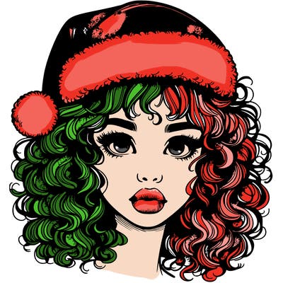 realistic girl with a santa hat curly hair and lips