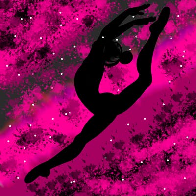 gymnast doing a leap in a leotard with a bent back leg