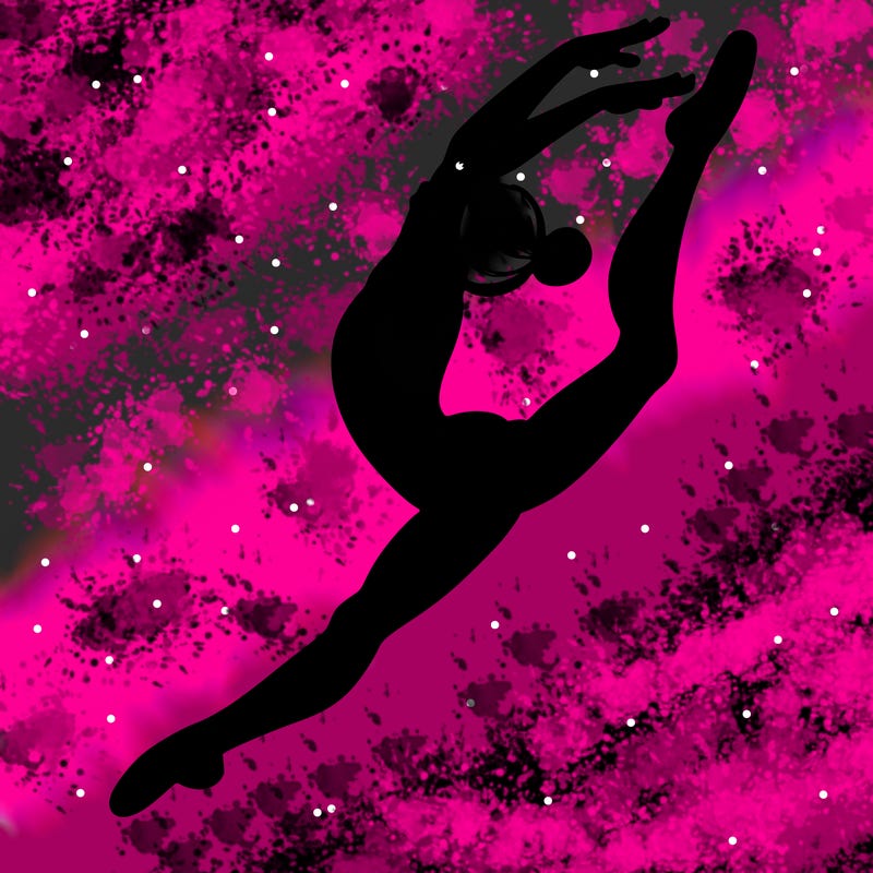 gymnast doing a leap in a leotard with a bent back leg