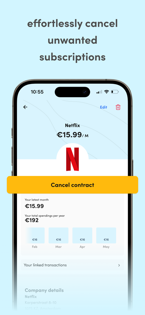 A smartphone screen displaying the Dyme app interface with a large button to cancel a Netflix subscription and a summary of annual costs.