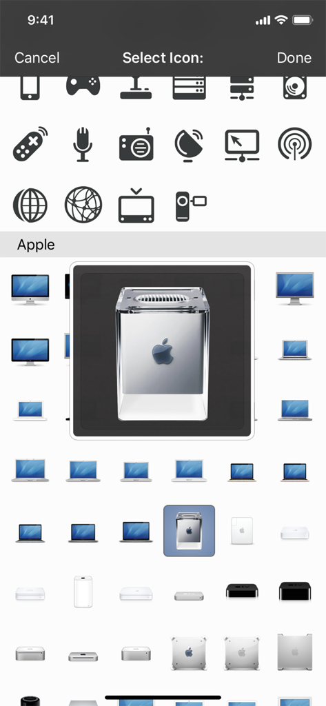 iNet Pro - Network Scanner - Icon selection screen in iNet Pro showing various Apple hardware and network device icons for customization.