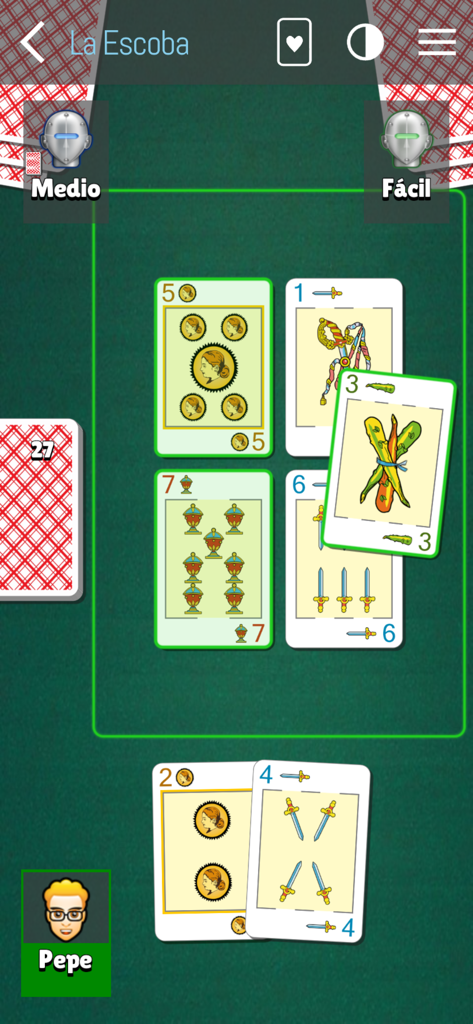 Captura de pantalla del juego de La Escoba con un mazo español tradicional sobre una mesa de cartas verde