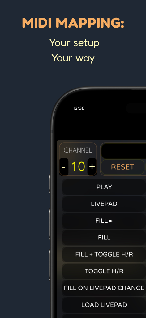 Pop Drummer app MIDI mapping screen showing channel selection and customizable control buttons