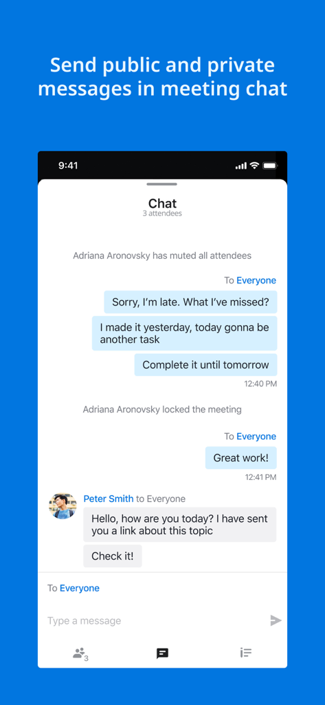 AnyMeeting app interface for sending public and private messages during an online meeting