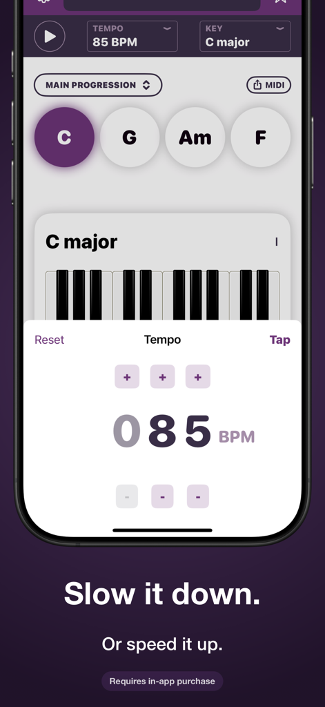Autochords - Autochords app interface showing tempo control and piano chord progression