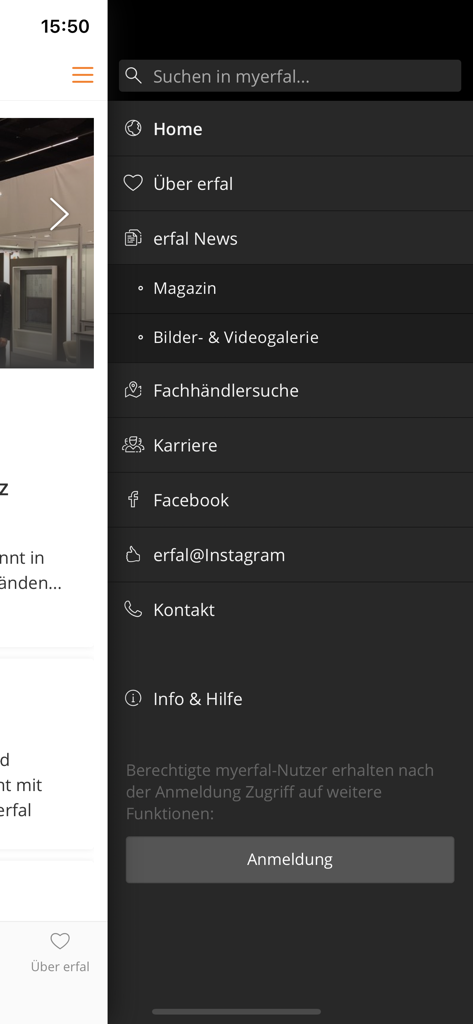 myerfal 앱의 측면 탐색 메뉴. 뉴스, 매거진, 딜러 검색과 같은 카테고리가 표시됩니다.