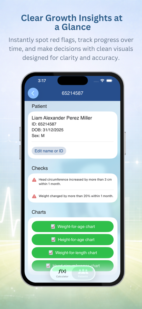 PediaMetrics: Pediatric Growth - Screenshot of the PediaMetrics app showing a patient profile with growth insights and medical check alerts