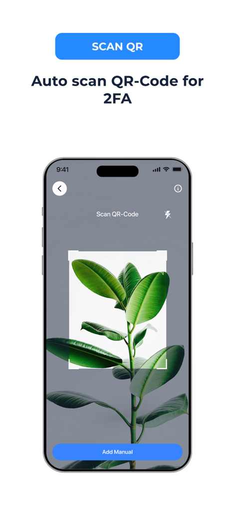 Interface de l'application d'authentification montrant la fonction de scan automatique de code QR pour l'authentification 2FA sur un iPhone.