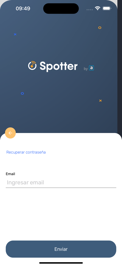 The password recovery interface for the Spotter app featuring an email input field and a send button.