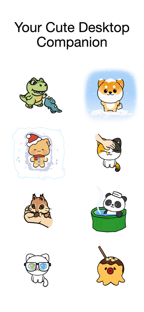 NotiSprite: Smart Desktop Pet - Eine Sammlung verschiedener niedlicher handgezeichneter Charakter-Sprites, darunter ein Dinosaurier, ein Hund, eine Katze und ein Panda.
