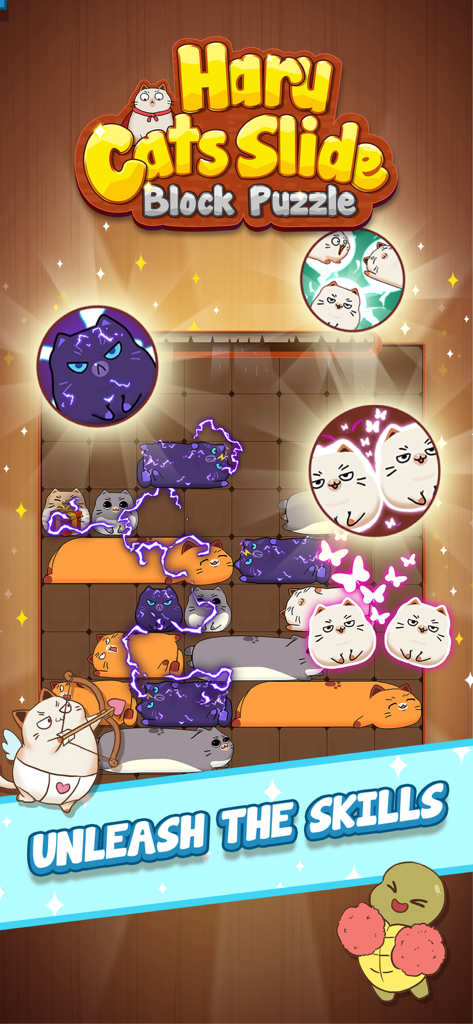 Haru Cats Slide Block Puzzle gameplay showing special lightning and butterfly cat skills