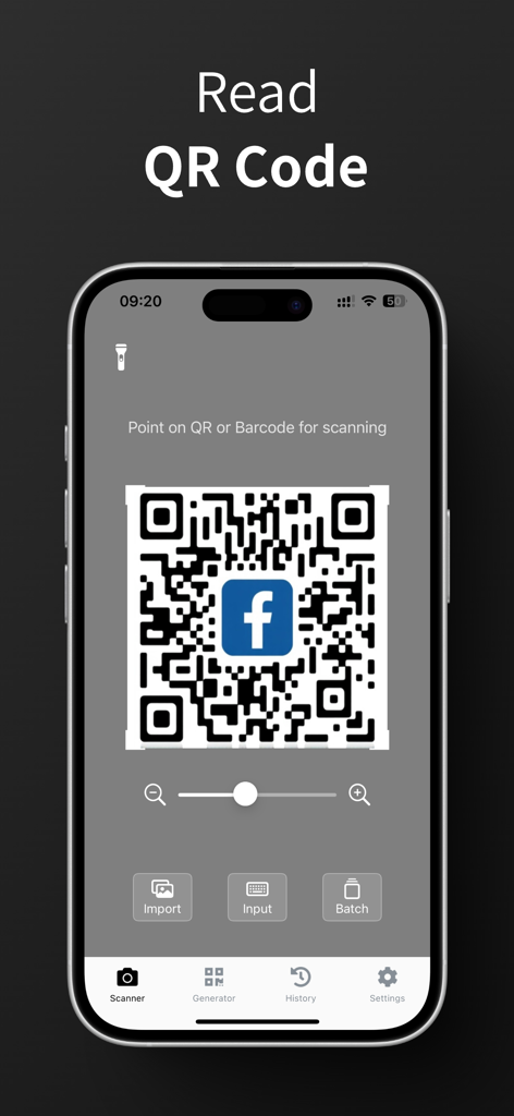 QR Code Generator / Scanner - Una pantalla de smartphone que muestra la interfaz de la aplicación Generador y Escáner de Códigos QR leyendo un código QR con un logo de Facebook.