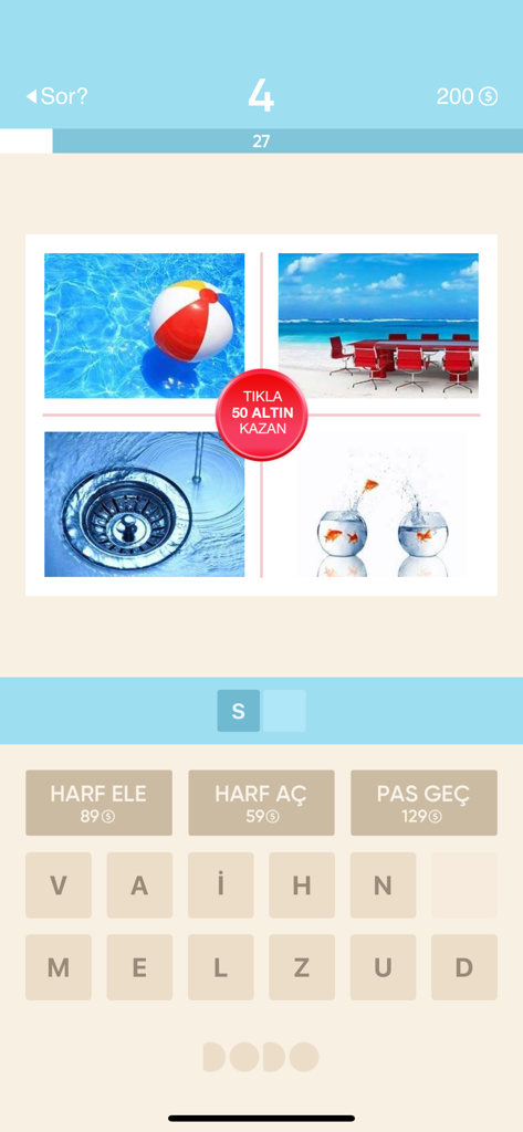 Resimli Kelime Bulmaca - Resimli Kelime Bulmaca gameplay showing four pictures and a letter grid for word guessing