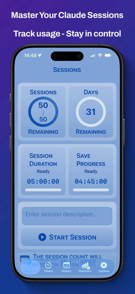 Claude Counter - Panel de la aplicación móvil Claude Counter que muestra las sesiones restantes, los días restantes y los temporizadores de sesión.