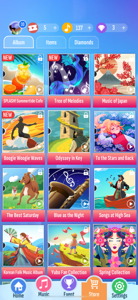 In-game music store menu in Piano Tiles 2 showing various thematic music albums like Music of Japan and Blue as the Night.
