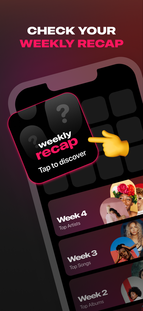 Airbuds Widget app screenshot showing the weekly recap screen with top music statistics and artists