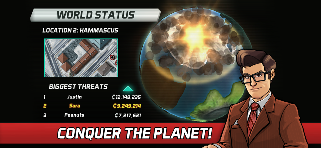 Colossatron - Colossatron world status screen showing high scores and an exploding globe with a news anchor character
