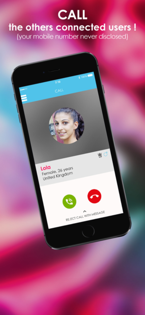Amitié : chat, dating, friends - Interface de l'application Amitie montrant un écran d'appel anonyme entrant depuis un profil d'utilisateur