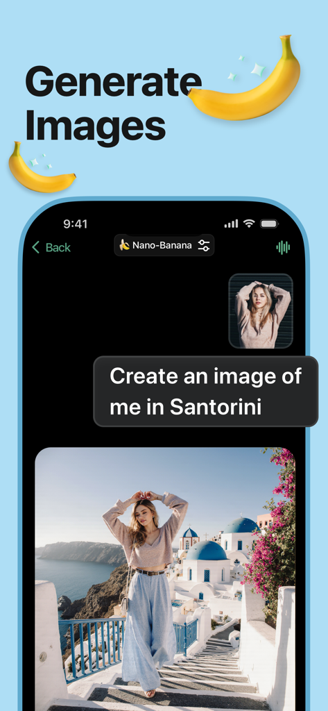 Chatico AI – Chatbot Assistant - Chatico AI app interface showing a user request to generate an image in Santorini using the Nano Banana model