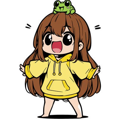 a excited chibi girl whith long hair and a baggy shirt whith a frog on there head