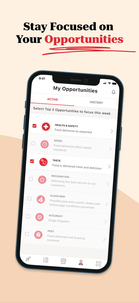 KFC Connect - KFC Connect app screen titled My Opportunities showing a list of restaurant management tasks including health safety speed and taste