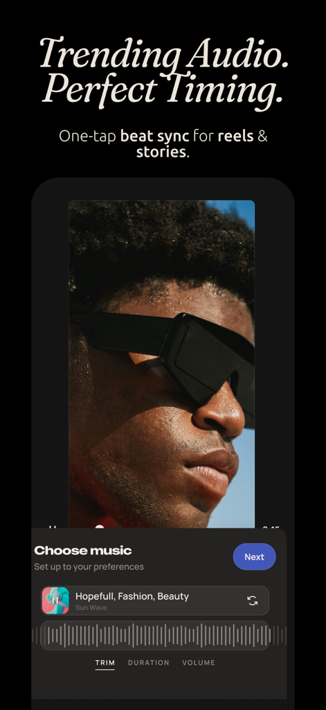 Templify・ Photo & Video Editor - Templify app interface showing the one-tap beat sync feature with music selection for social media videos.