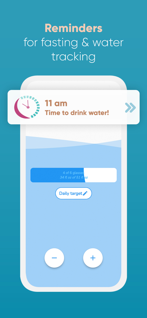 Water tracking interface with reminder notification in the Intermittent Fasting app