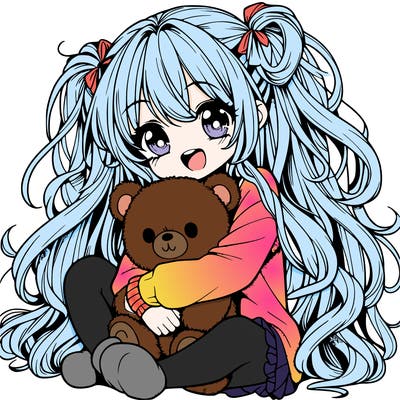 manga girl, long curly hair, happy, cuddling a teddy bear