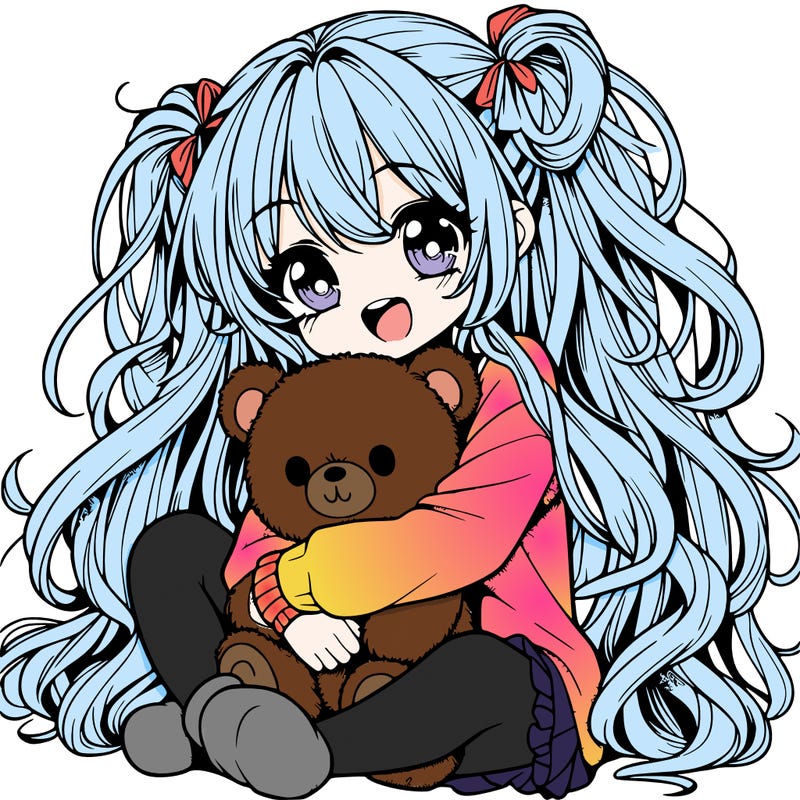 manga girl, long curly hair, happy, cuddling a teddy bear
