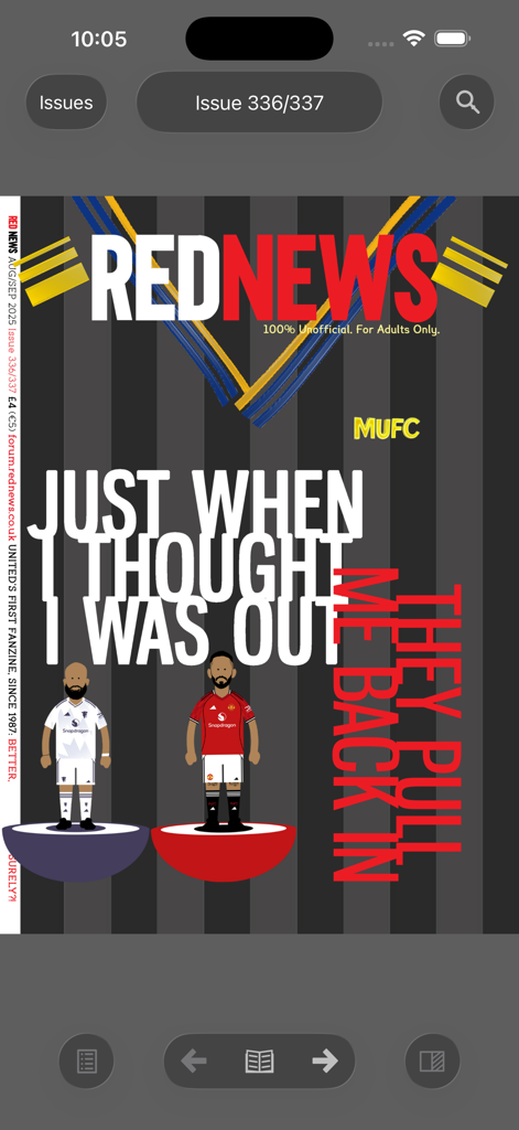 Red News Fanzine - Page de couverture du fanzine Red News montrant une illustration satirique de Manchester United avec le titre Juste quand je pensais que j'étais dehors, ils me reprennent.