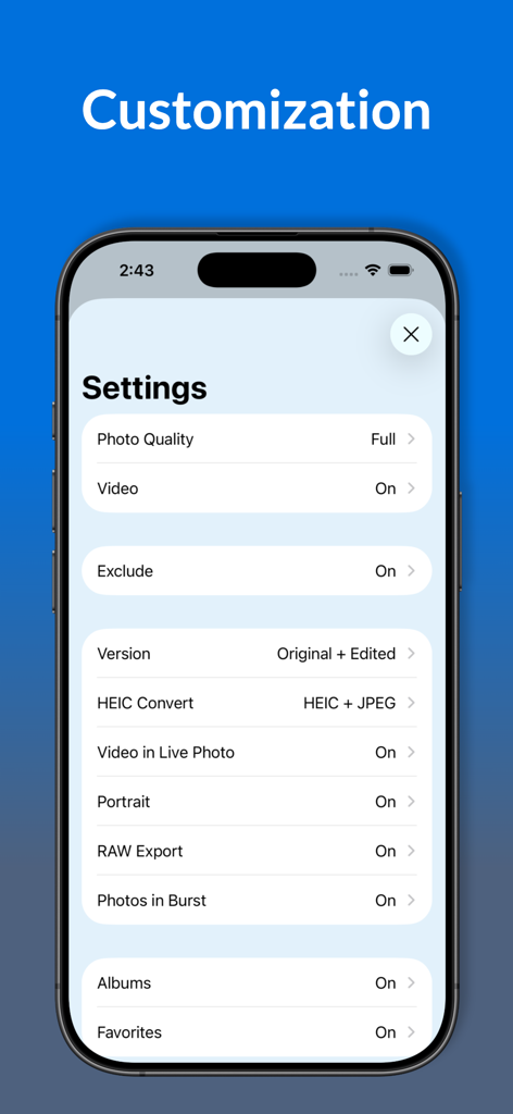 Photos Backup for NAS - 写真の品質、RAWエクスポート、アルバム同期のオプションを示すNAS写真バックアップアプリのカスタマイズ設定画面