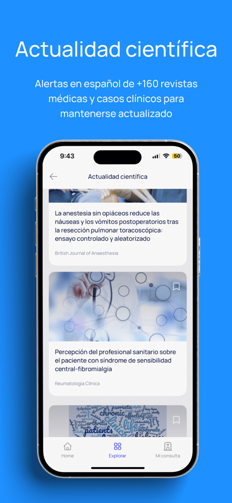 Interface do aplicativo iDoctus mostrando a seção de atualizações científicas com notícias médicas e alertas de casos clínicos em espanhol.