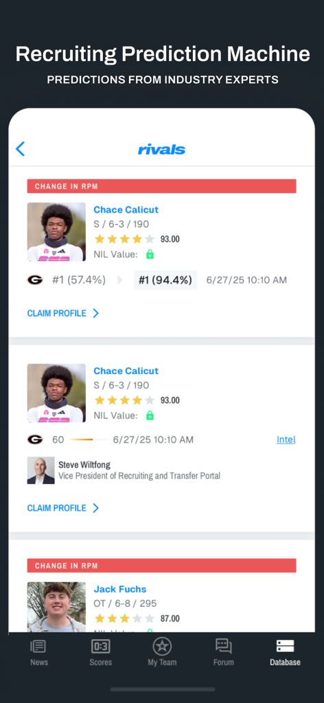 On3 App - On3 App interface displaying the Recruiting Prediction Machine with expert predictions and recruit profiles.