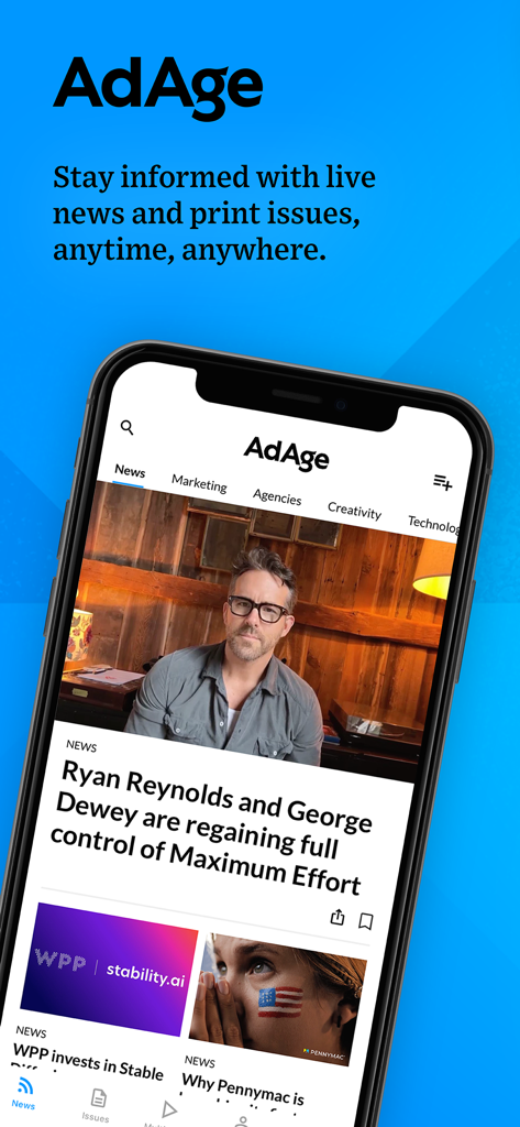 Ad Age - Ad Age mobile app interface showing a news feed with marketing and advertising headlines on an iPhone.