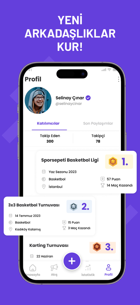 Sporsepeti - A mobile app user profile screen showing social stats and tournament rankings for basketball and karting.