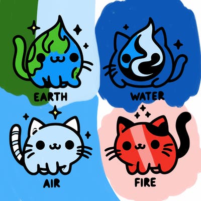4 cats that represent the different elements, earth, water, air, and fire