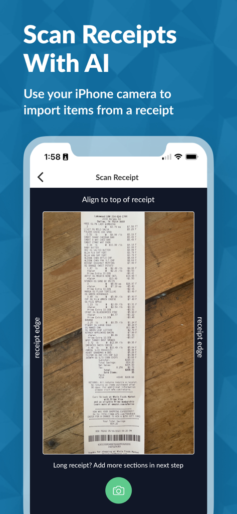 iPhone screen showing the Cooklist app feature to scan grocery receipts using AI to import items into a digital pantry