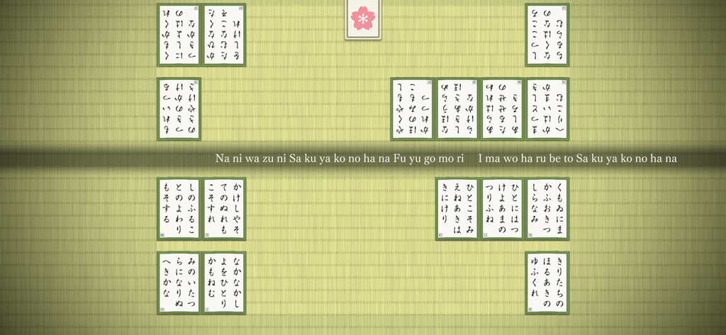 Competitive Karuta ONLINE - Competitive Karuta ONLINE gameplay showing Japanese cards on a tatami mat with romanized introductory poem text